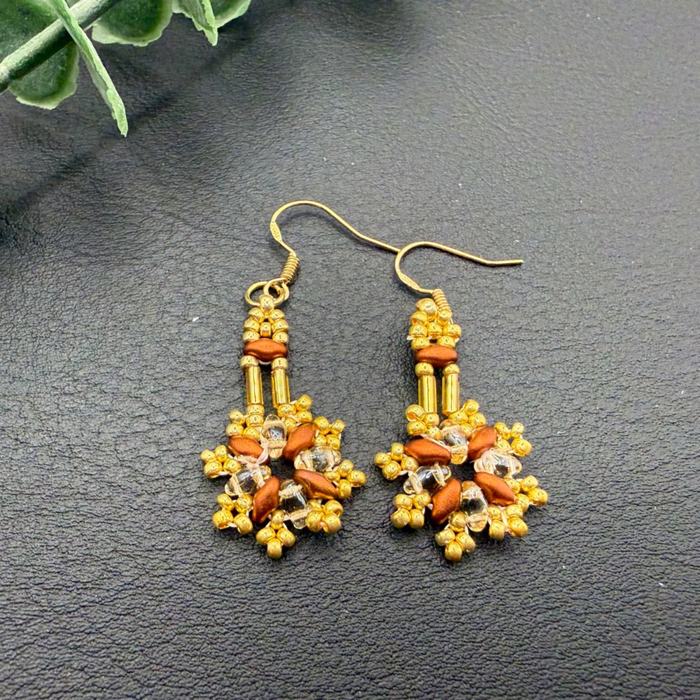 Gold and Brown Beaded Drop Earrings - Women Jewelry